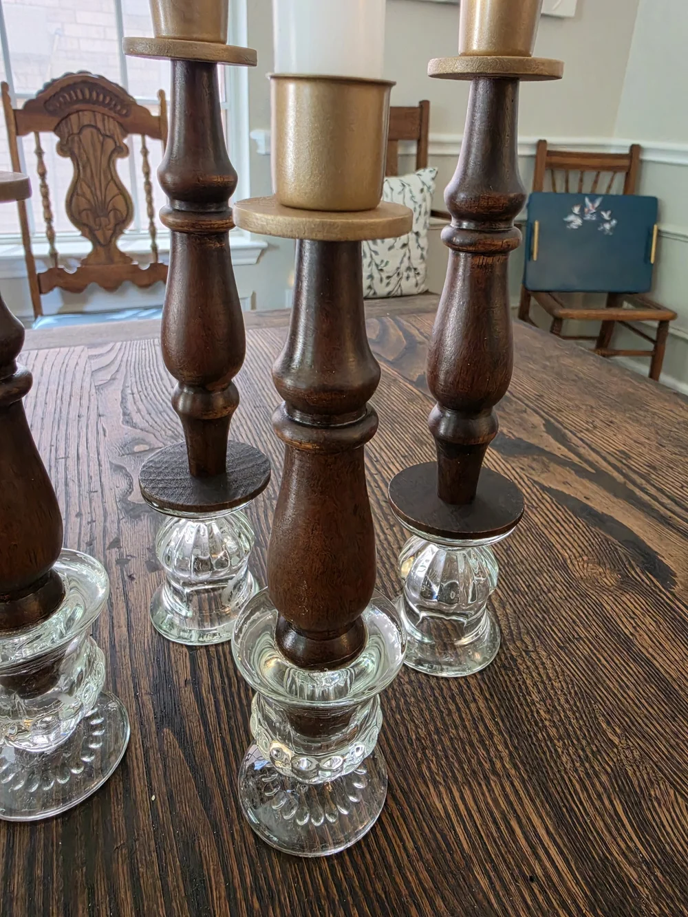 Set of 5 taper candlestick holders with turned wood stems, gold-tone brass cups